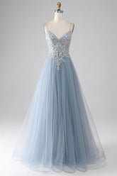 Graues blaues A-Linie Spaghettiträger glitzerndes Pailletten langes Ballkleid